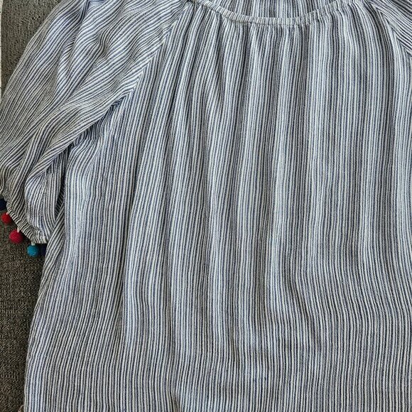 Chadwicks striped off shoulder hippie fringe boho Fun Artsy coastal blue top M - Picture 3 of 9